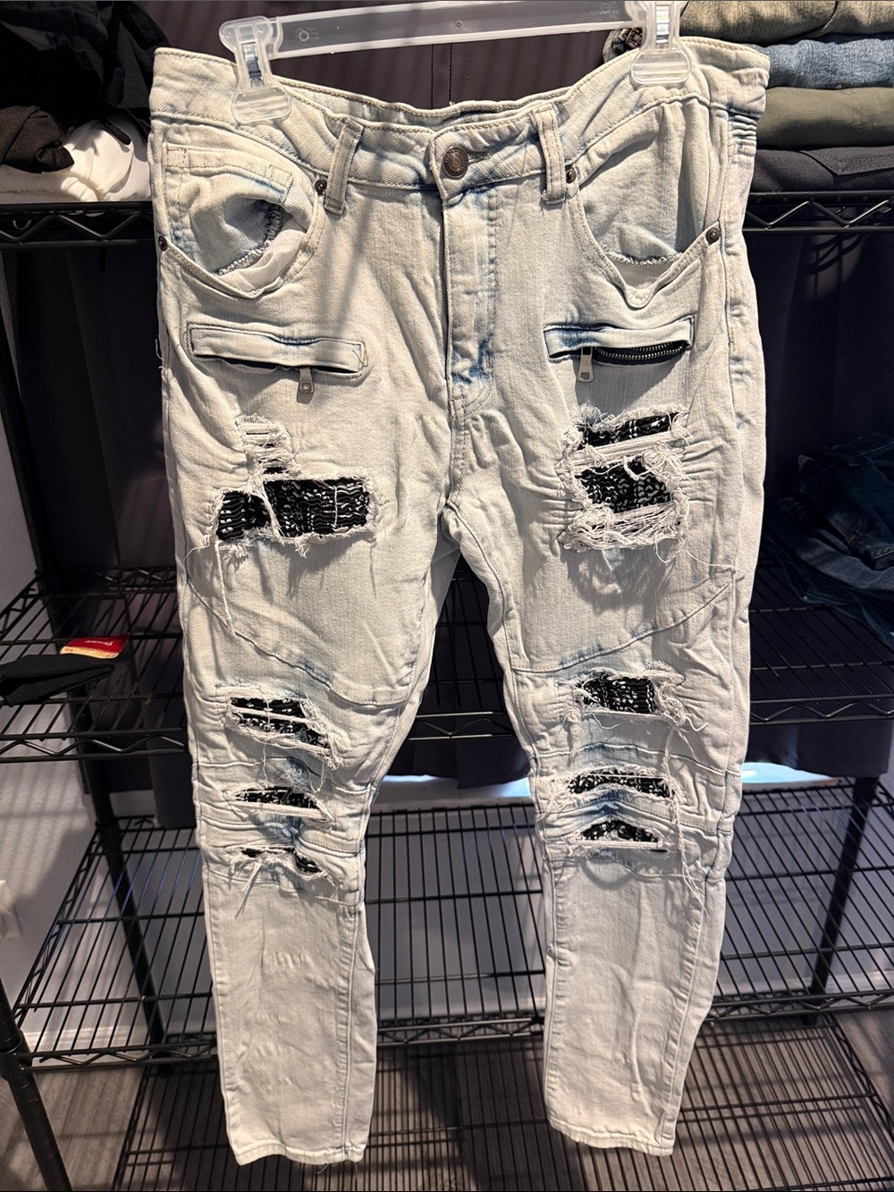 Rue21 Light Blue Skinny Jeans with Black Patch Distressing